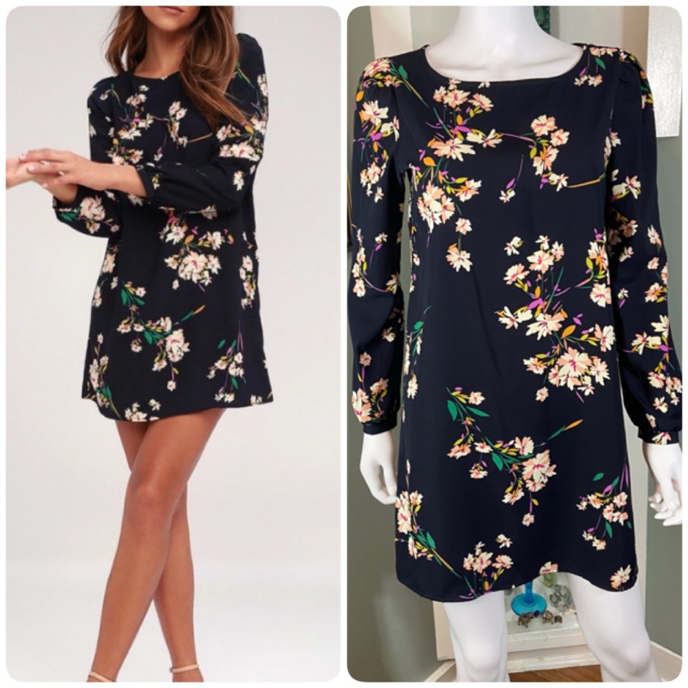 Lulus Herbaceous Navy Blue Long Sleeve Floral Mini Shift Dress Small Long Sleeve